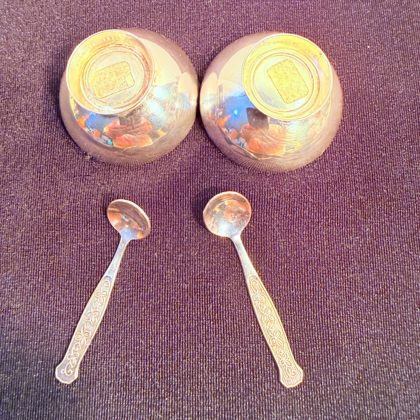 Vtg Meka Denmark Silver Blue & Silver Green Enamel Salt Cellar/Spoon Set of 2