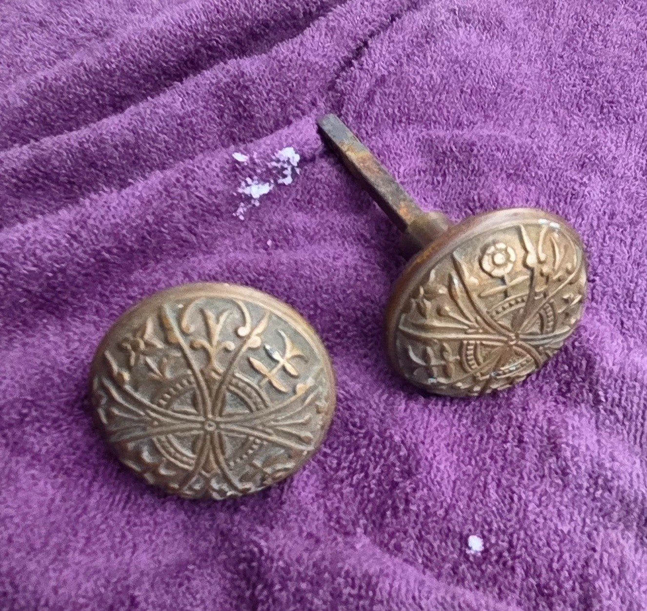 Antique Aesthetic Movement Bronze Door Knobs – Ornate Floral Scroll 2-3/16″