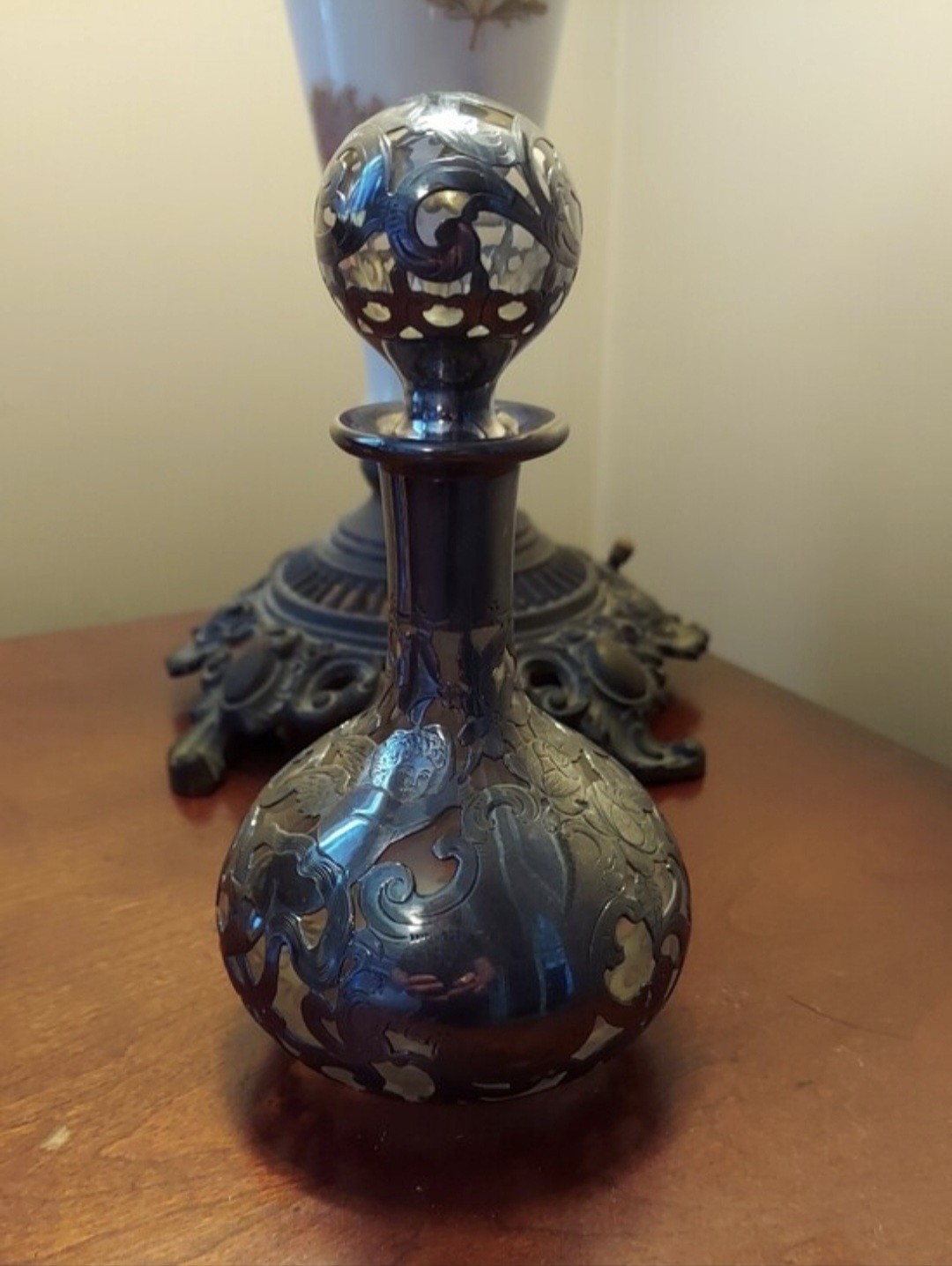 1900s Art Nouveau Glass Bottle with Sterling Silver Overlay & Stopper 7″ PERFECT
