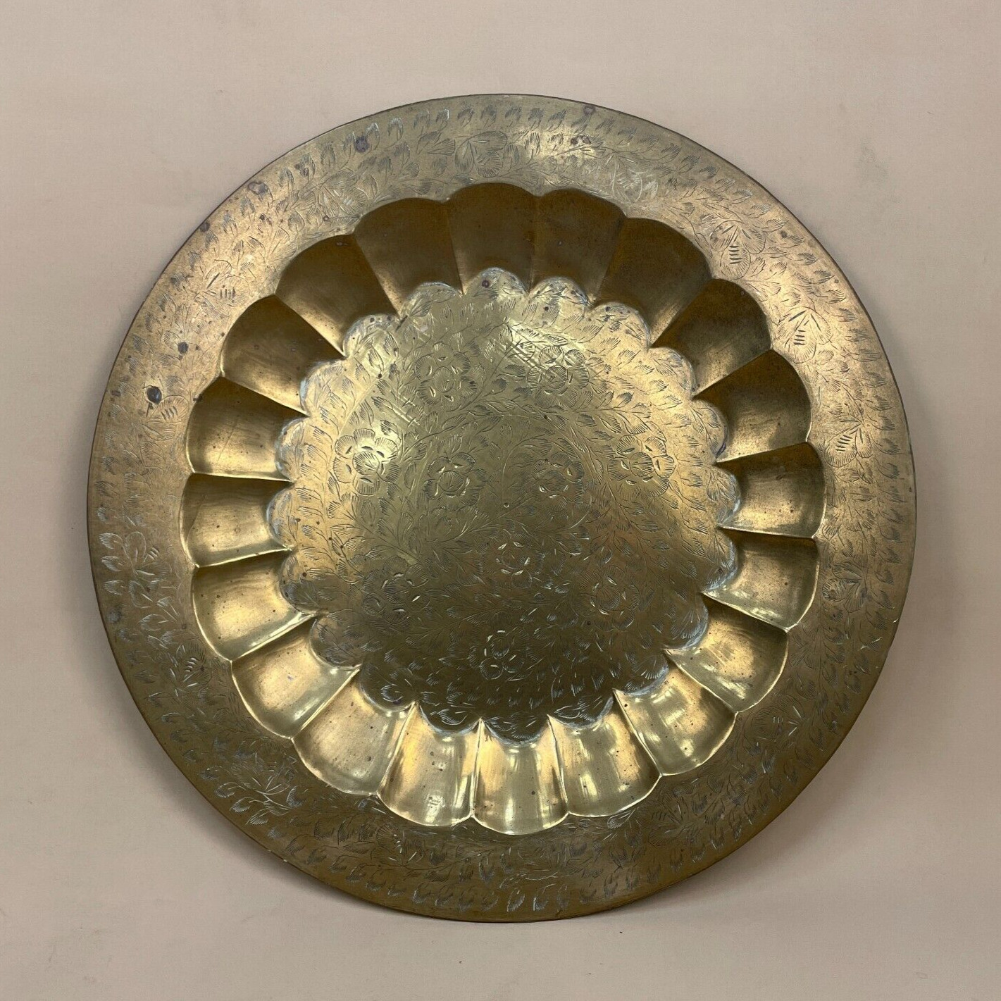 Antique Metal Gold Indian Patterned Brass Tray 46cm Plate Circular Decorative