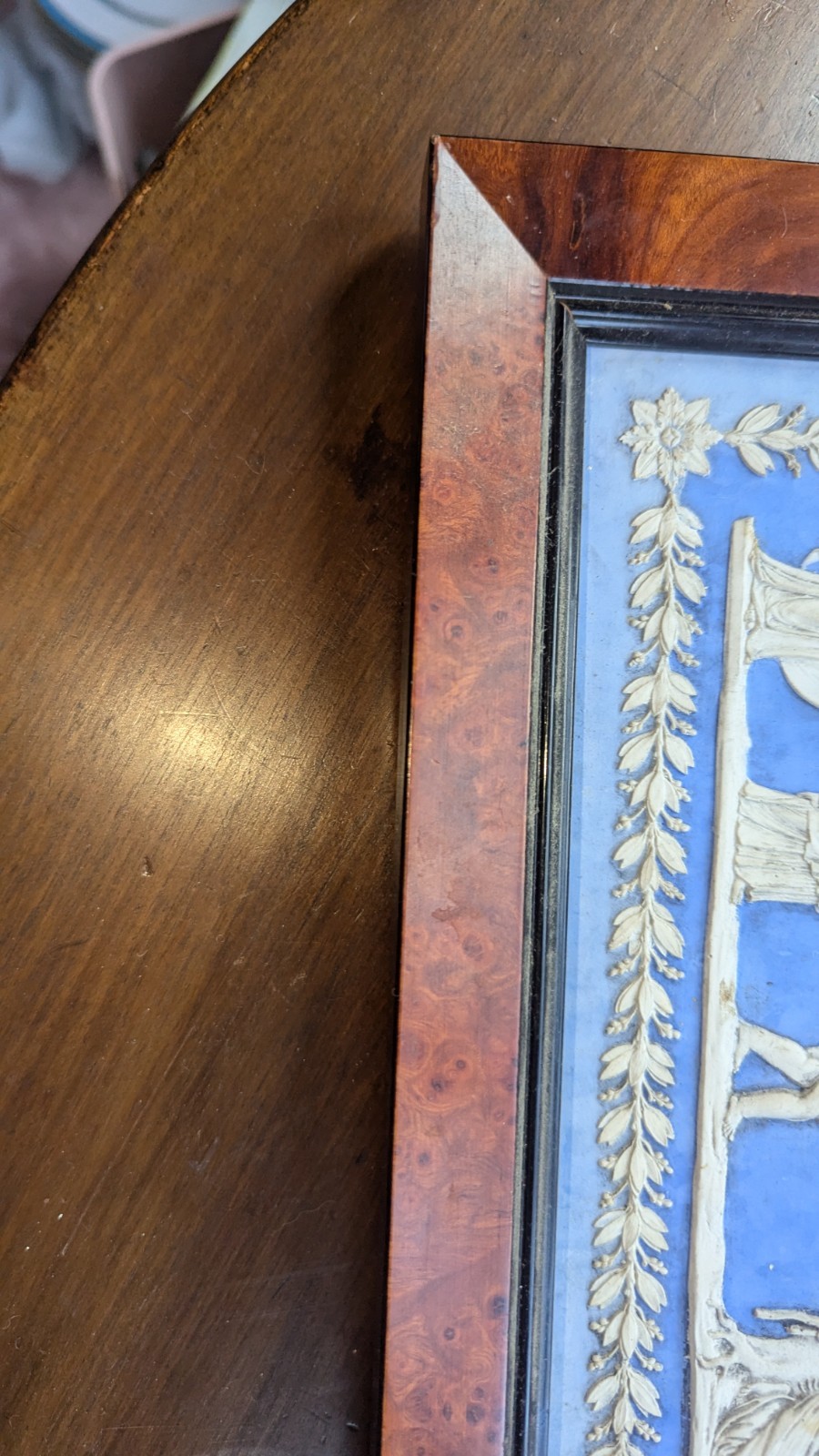 Pair Large Neoclassical Jasperware Style Wall Plaques Burr Maple Regency Frame