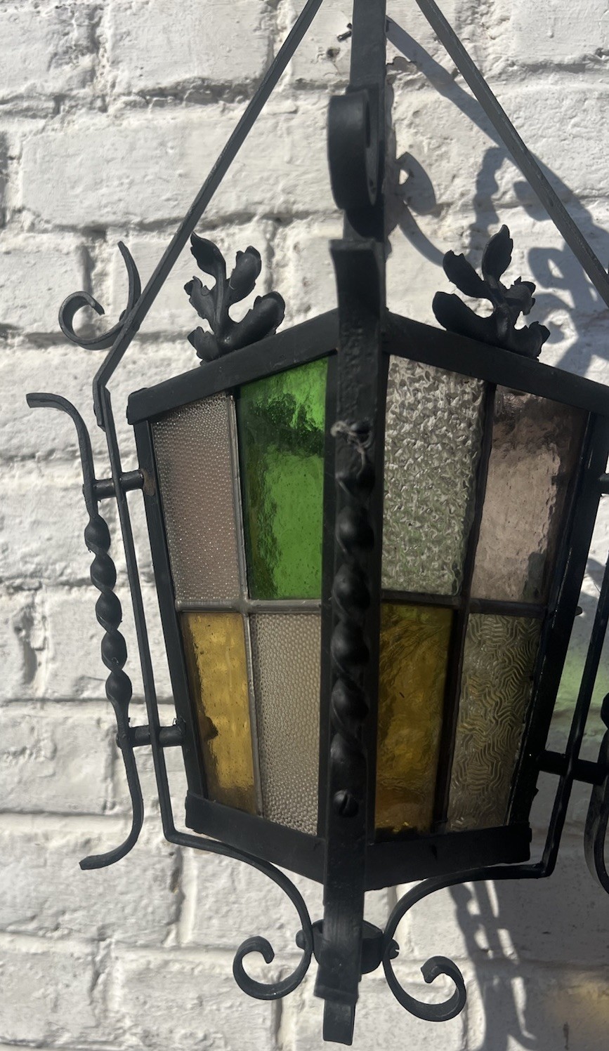 French Lantern Antique Pendant Light Fixture Porch Stained Glass Wrought Iron