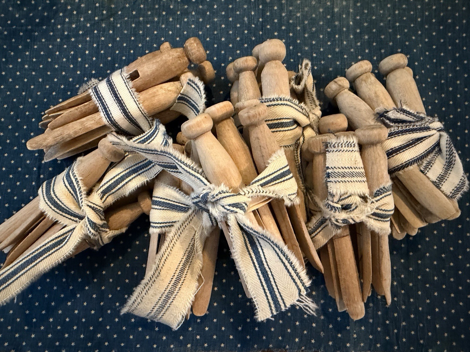 Vintage Bunch Of 6 Wooden Clothespins Tied W Ticking