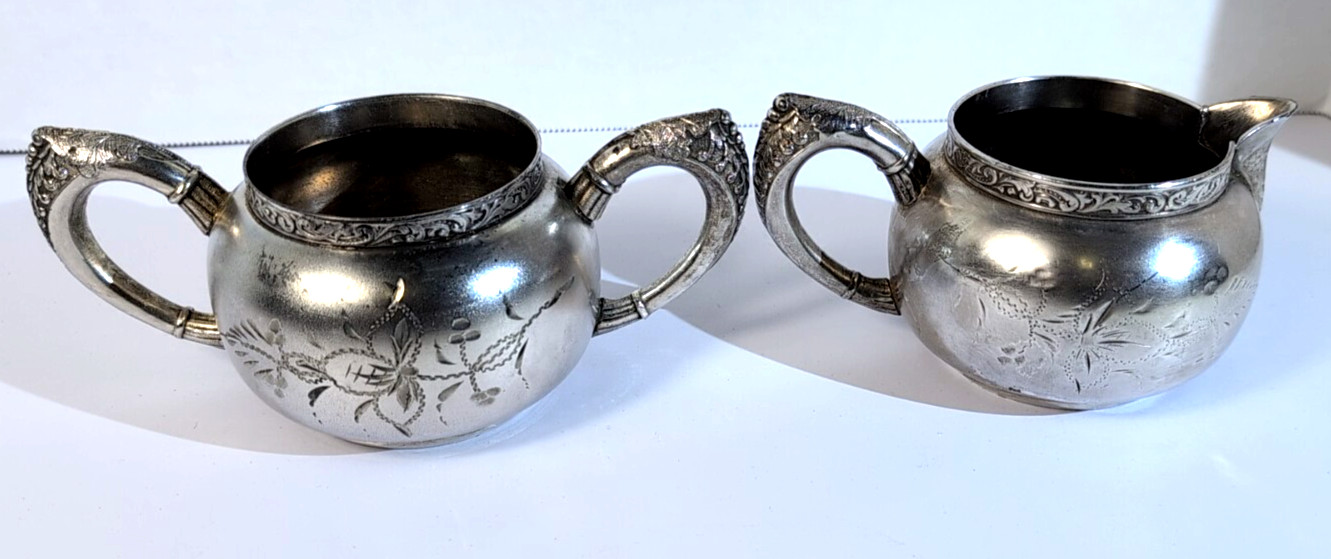 Antique P. S. CO. ANCHOR Triple-plate Sugar Bowl & Creamer Set Style #401 EUC!!