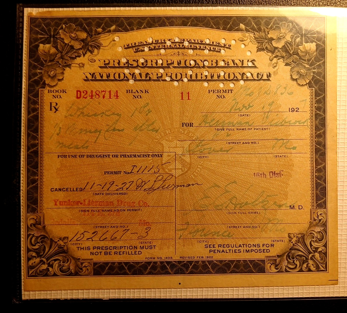 Prohibition Era Prescription for Medicinal Whisky, Nov 19, 1927 Florence MO