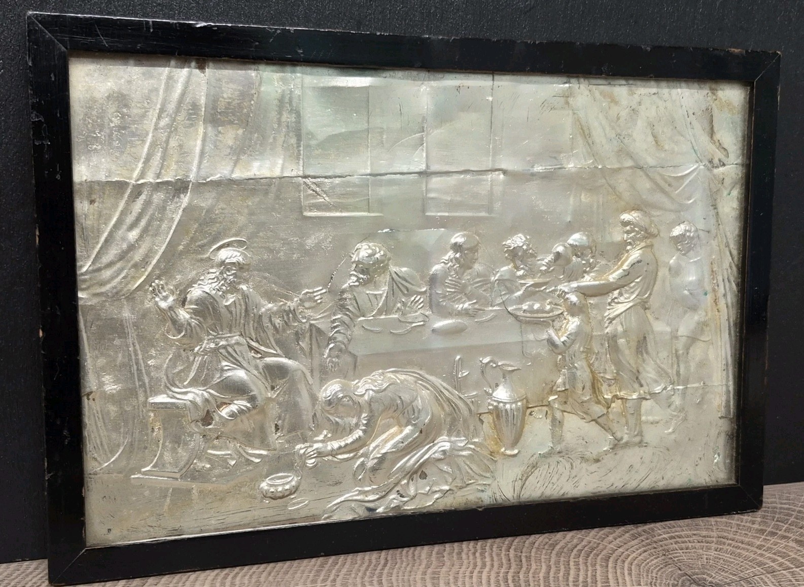 ANTIQUE BAS RELIEF LAST SUPPER SILVERED ANDREW DUTHIE SCOTTISH GALLERY LABEL 10″