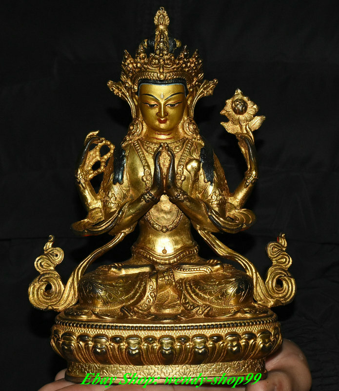 9″ Old Tibet Nepal Bronze Gilt Painting 4 Arms Chenrezig Goddess Buddha Statue