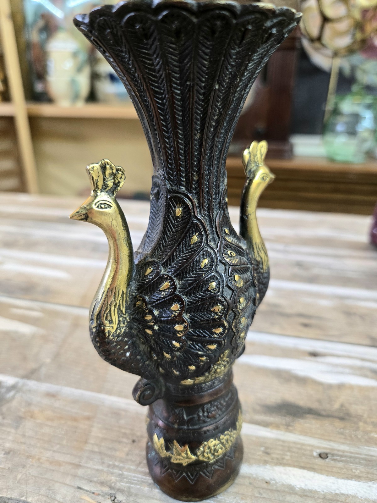 Antique Chinese Copper Bronze Double Handle Peacock Vase 7″ Gold Painted Accents
