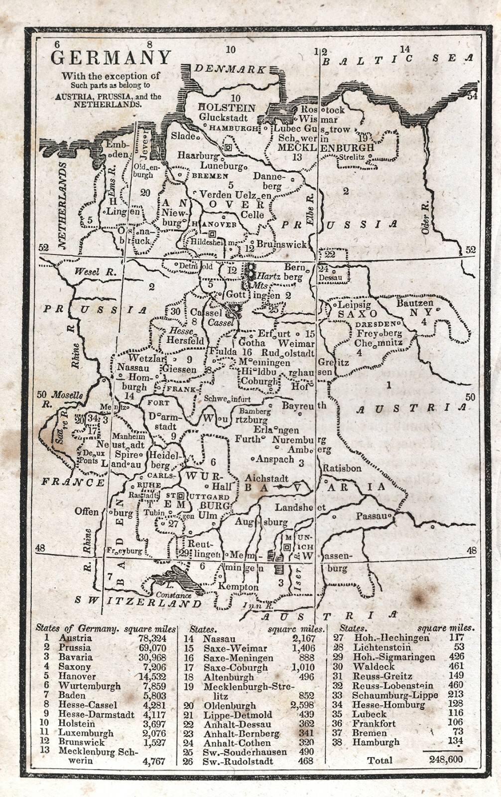 1830 Nathan Hale Map Germany Frankfurt Bremen Heidelburg Hanover Gotha Hesse DE