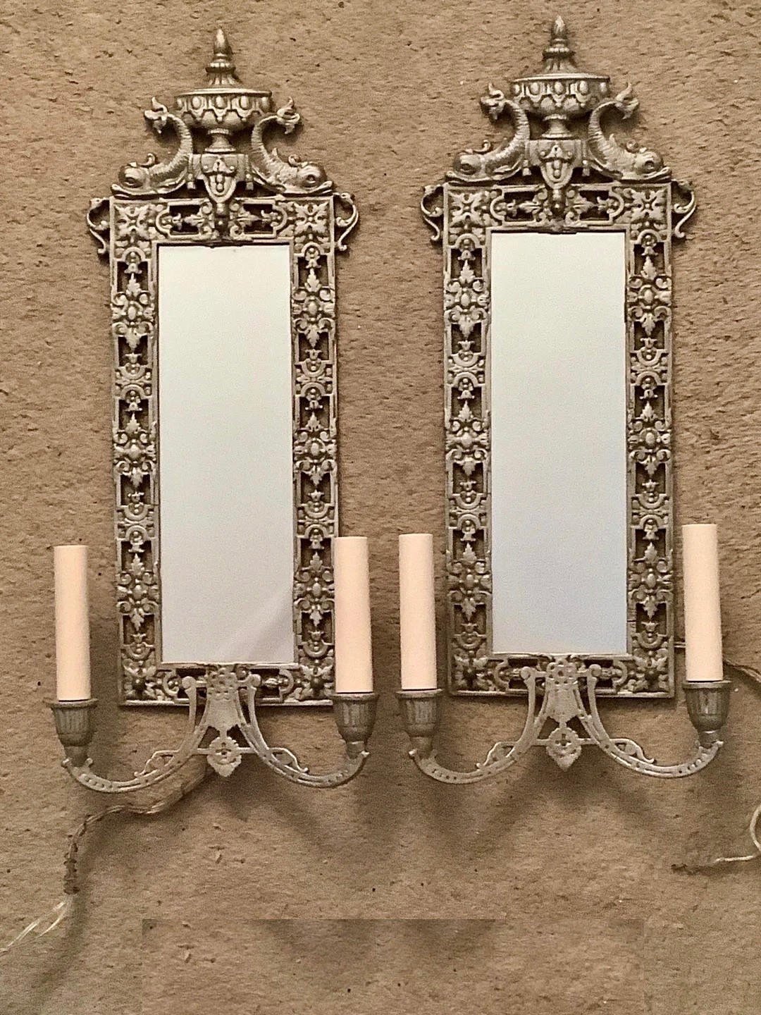 2 x Antique Victorian Mirrored Wall Sconces 110v 120v Wired Candelabra