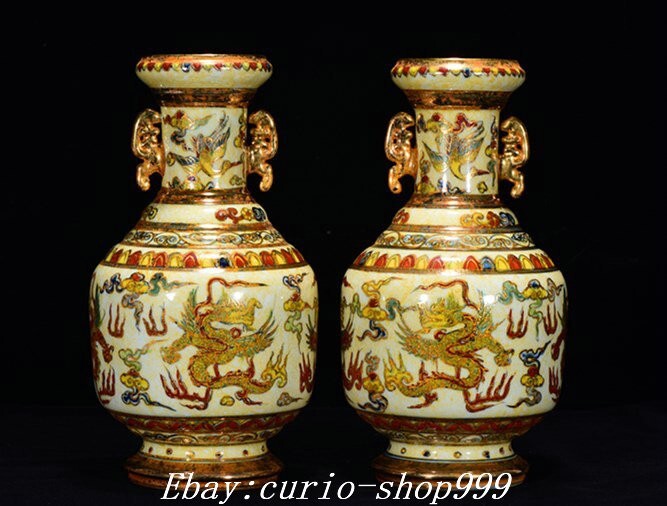 10″ Ming Dou Cai Porcelain Gilt Double Ears Dragon Phoenix Bird Bottle Vase Pair
