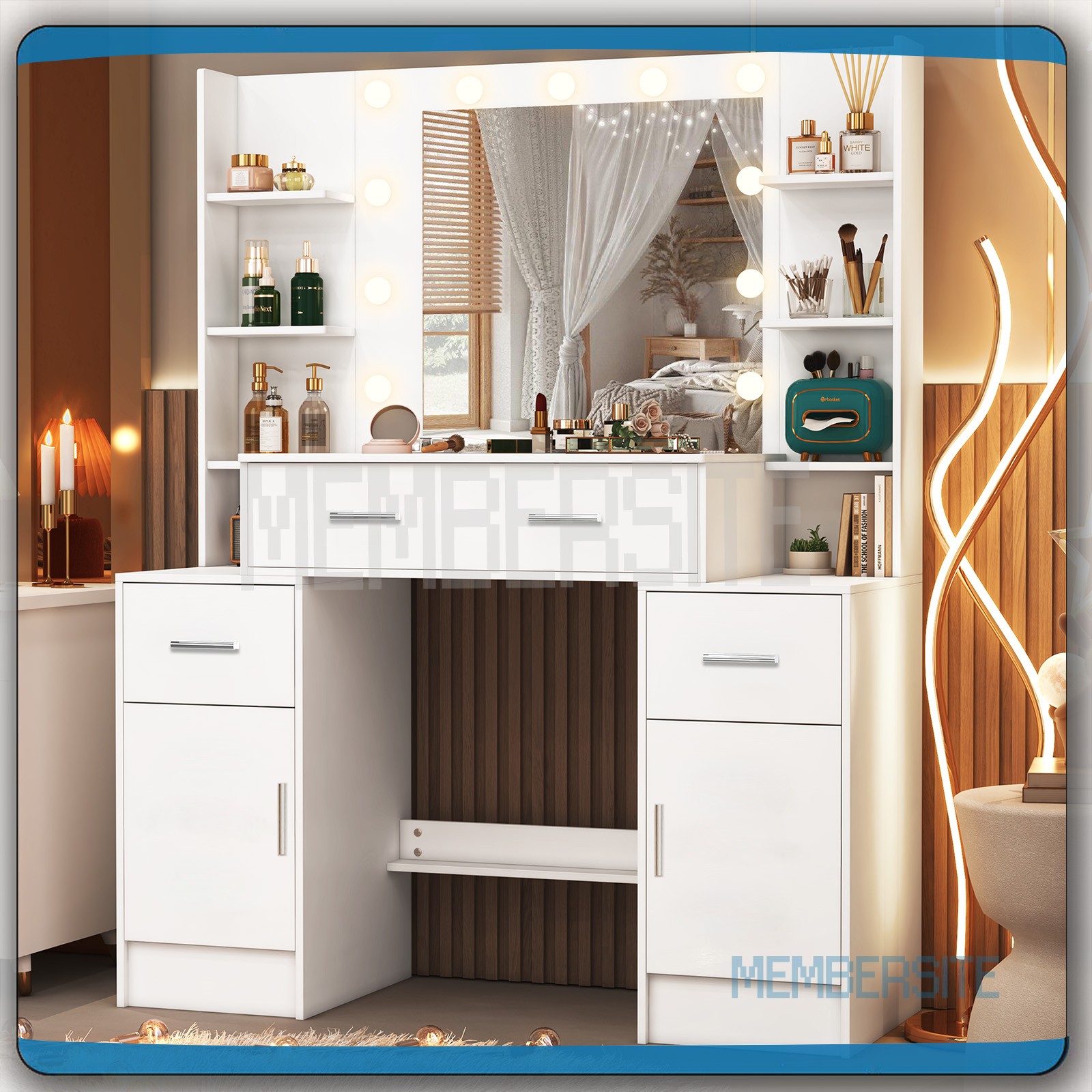 Large Vanity Desk withLED Mirror Makeup Dressing Table w/ 8 Shelves , 5 Drawers