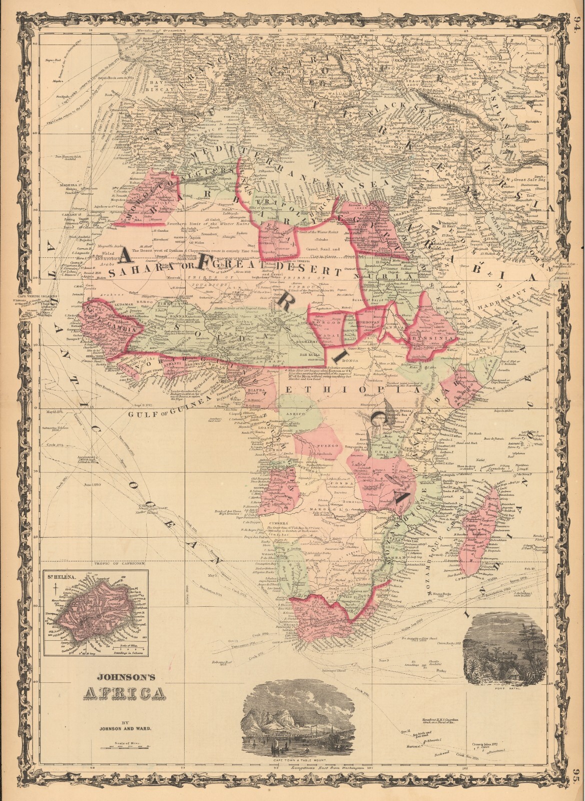 1864 Africa & Cape Town inset by Johnson Ward beautiful antique map 26.5″ x 18″
