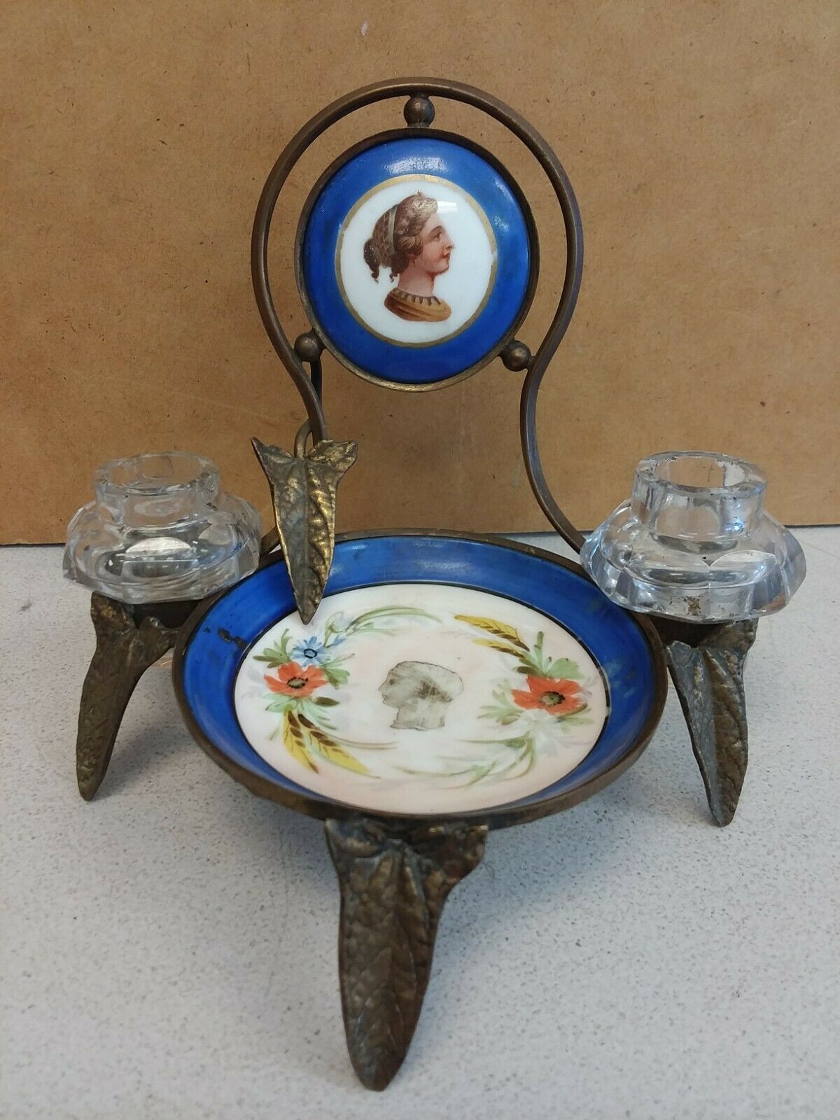 Antique 1800s NAPOLEON ERA French INKWELL Hand Painted Porcelain & Bronze FRANCE