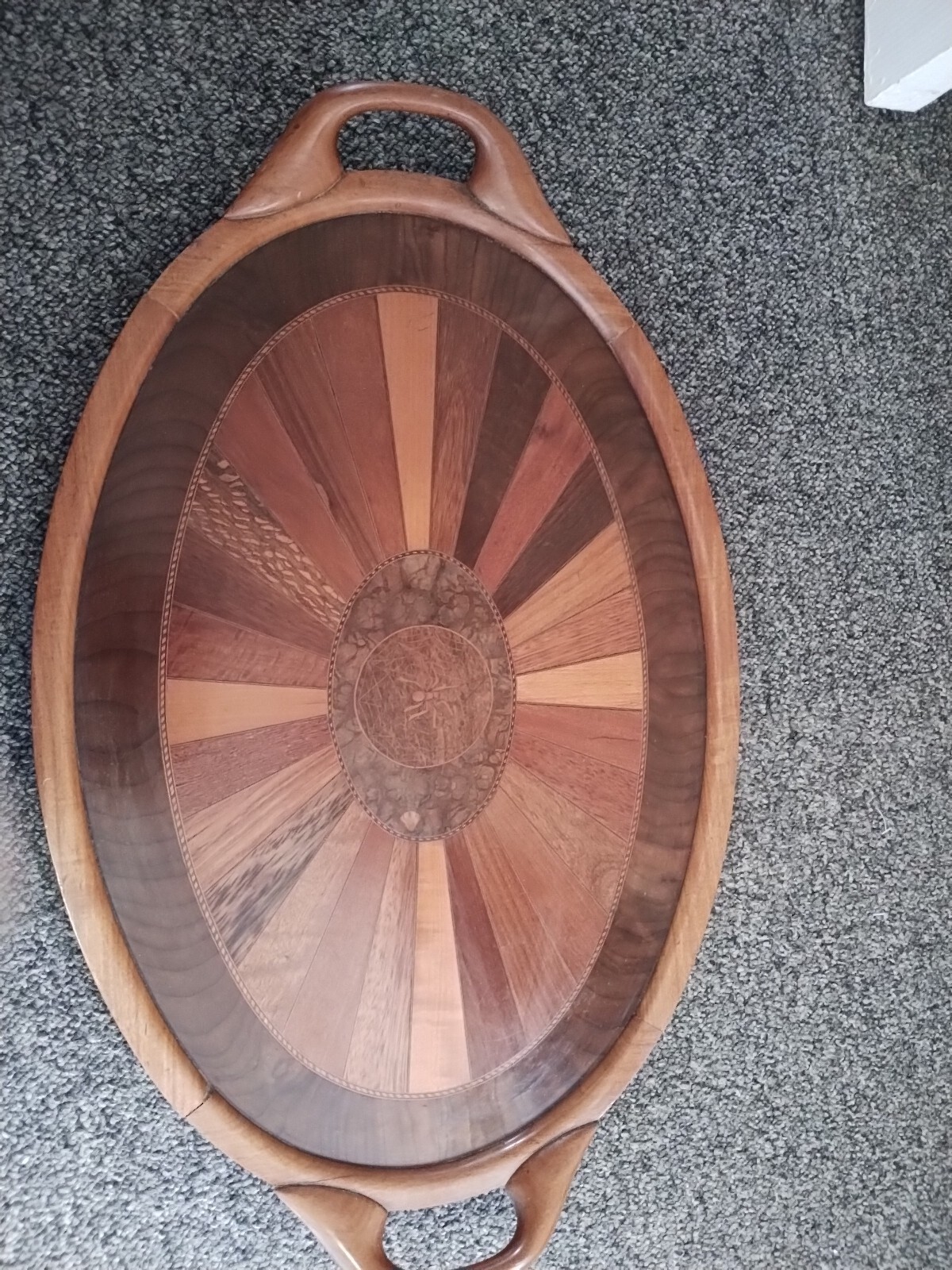 Wooden Vintage Tray Inlaid With Spider Web15 inches wide 24 long head height 1/2