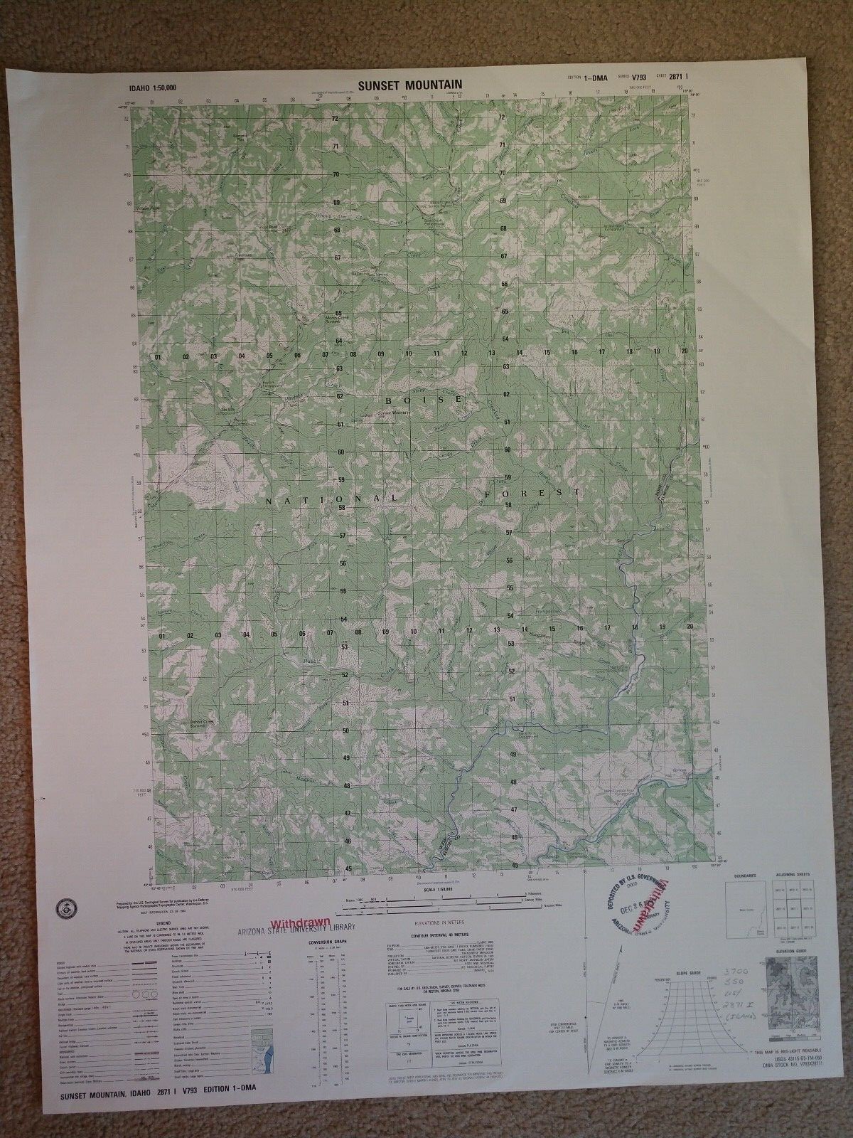 Large 28×22 1984 Topo Map Sunset Mountain, Idaho Boise National Forest Pilot Pk