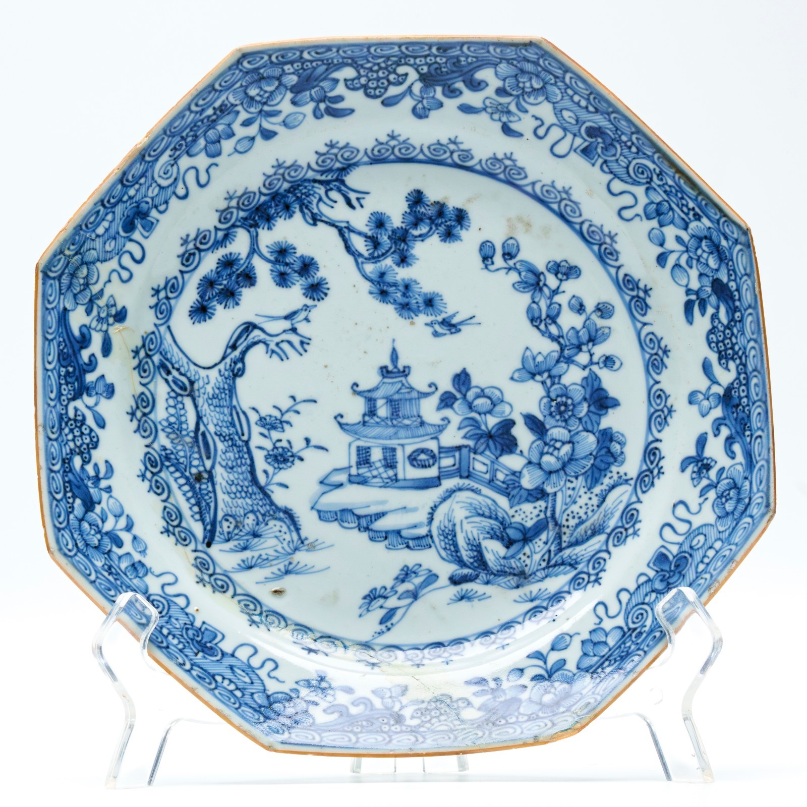 Chinese Plate Octagonal Blue White Porcelain Pavilion Pine Tree Birds Qing 18C