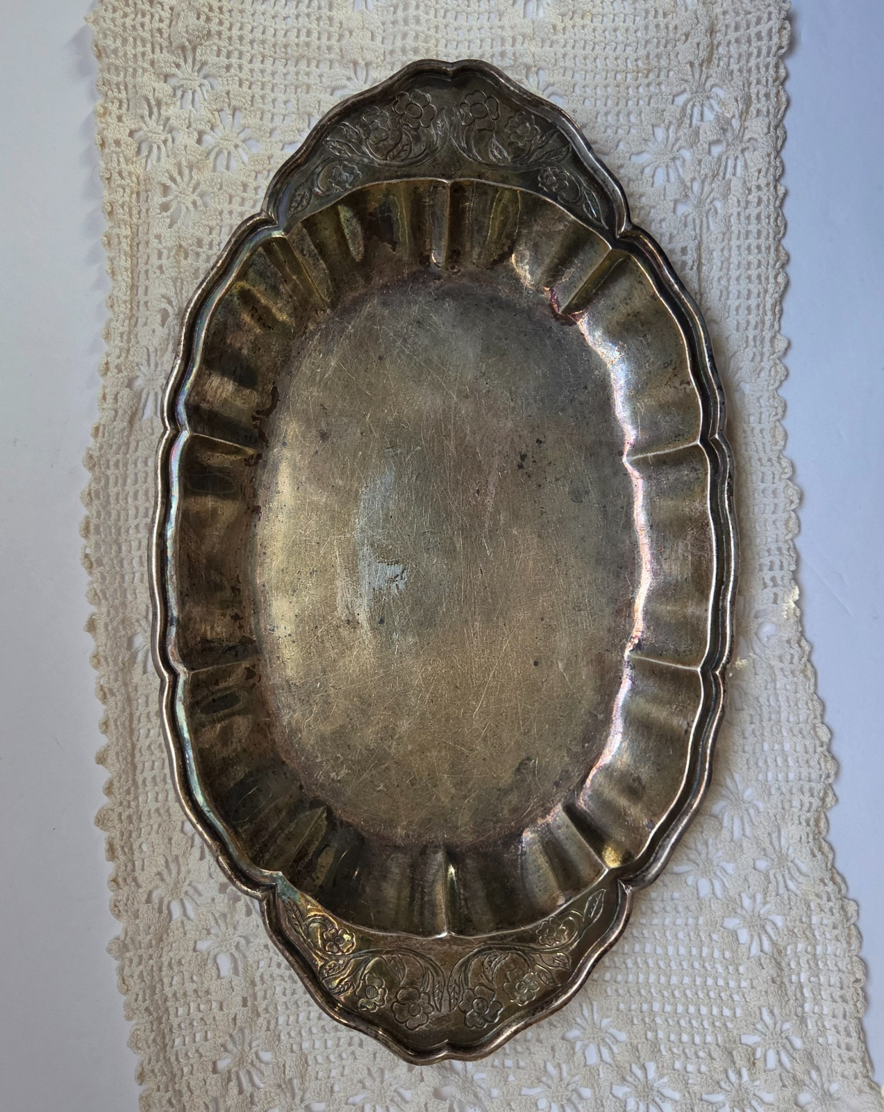 Sanborns Mexico Sterling Silver Tray 514g Owl Hallmark Scalloped Floral Engraved