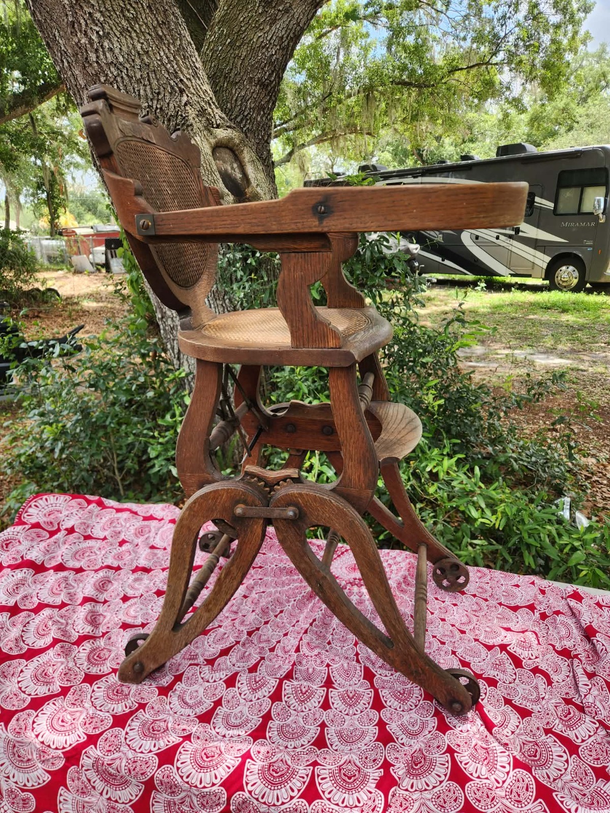 Antique Oak Folding High Chair Rocker Stroller Combination c1900