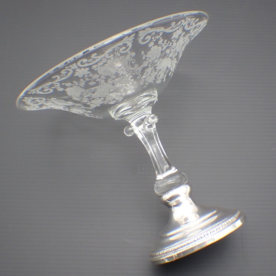 Cambridge Chantilly Compote Acid Etched Glass Sterling Silver Base