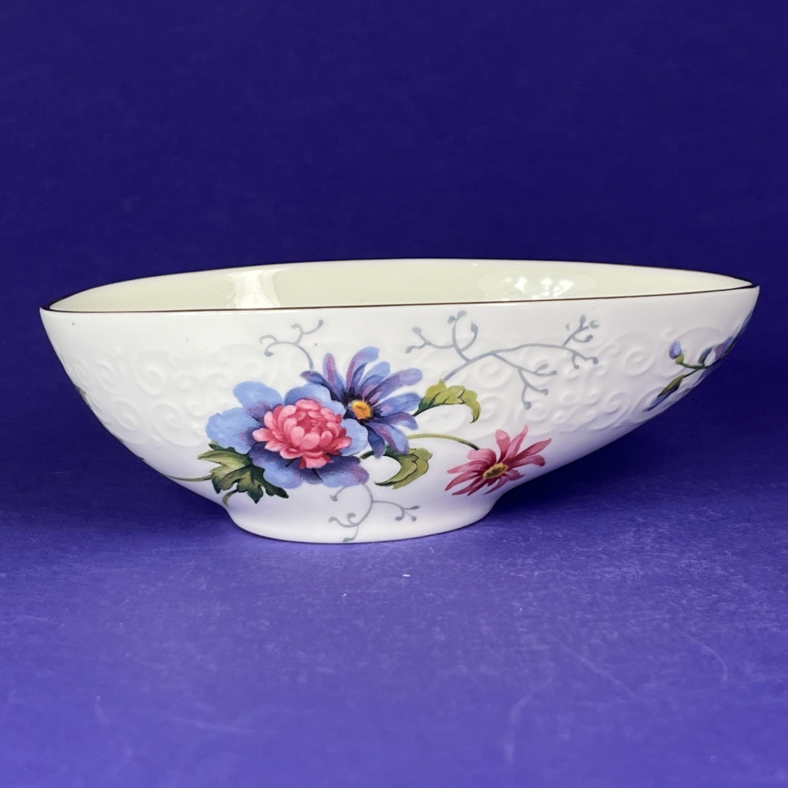 Egg Shaped Bowl Textured Surface Floral Design Gold Accent Crown Staffordshire