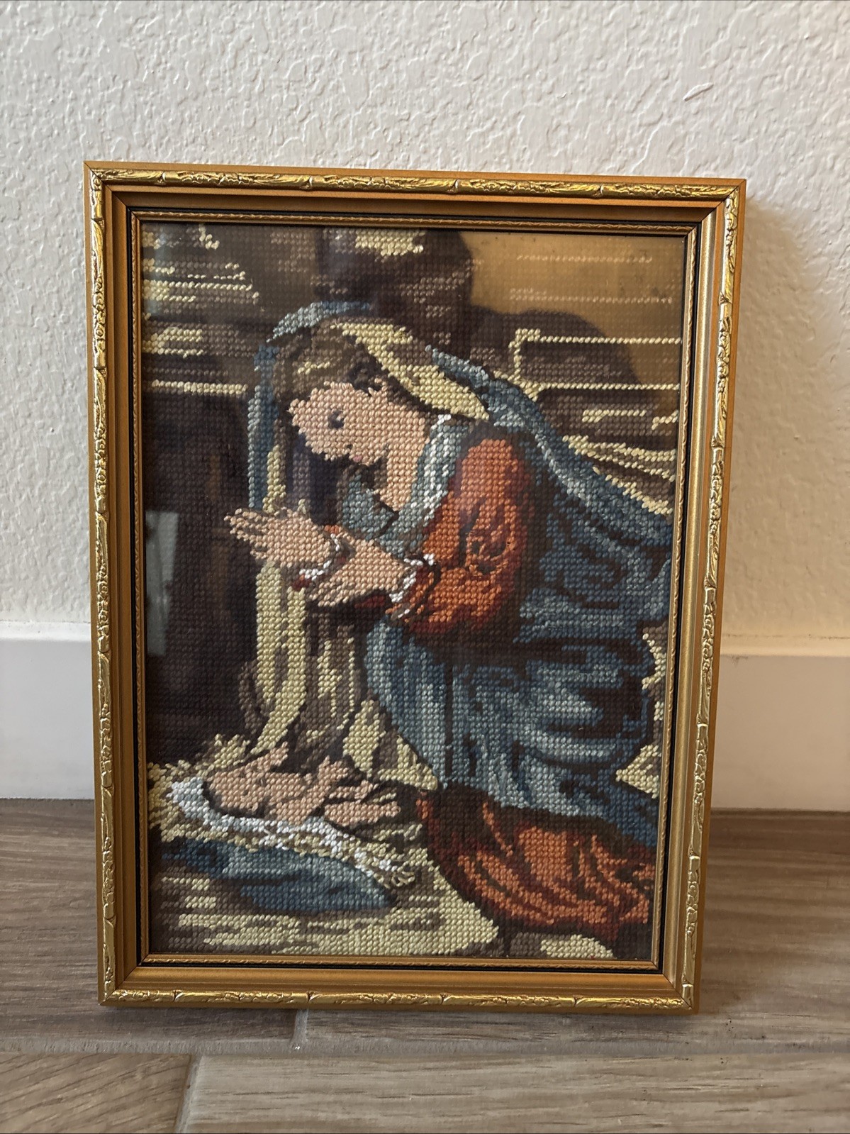 Antique Framed Needlepoint Virgin Mary And Baby Jesus 12.75″ x 9.75″ Tapestry