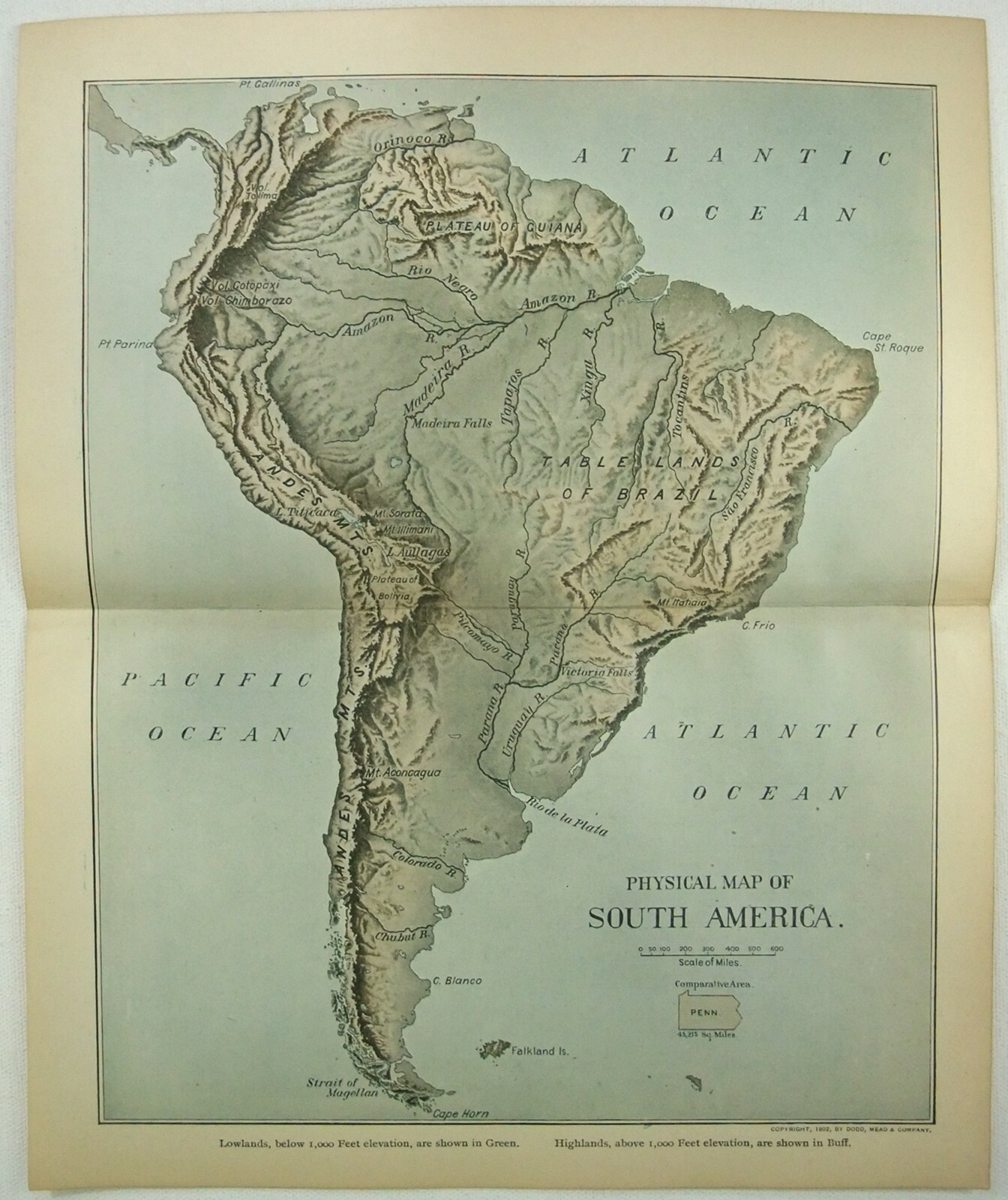 Original 1903 Physical Map of South America by Dodd Mead & Company. Antique