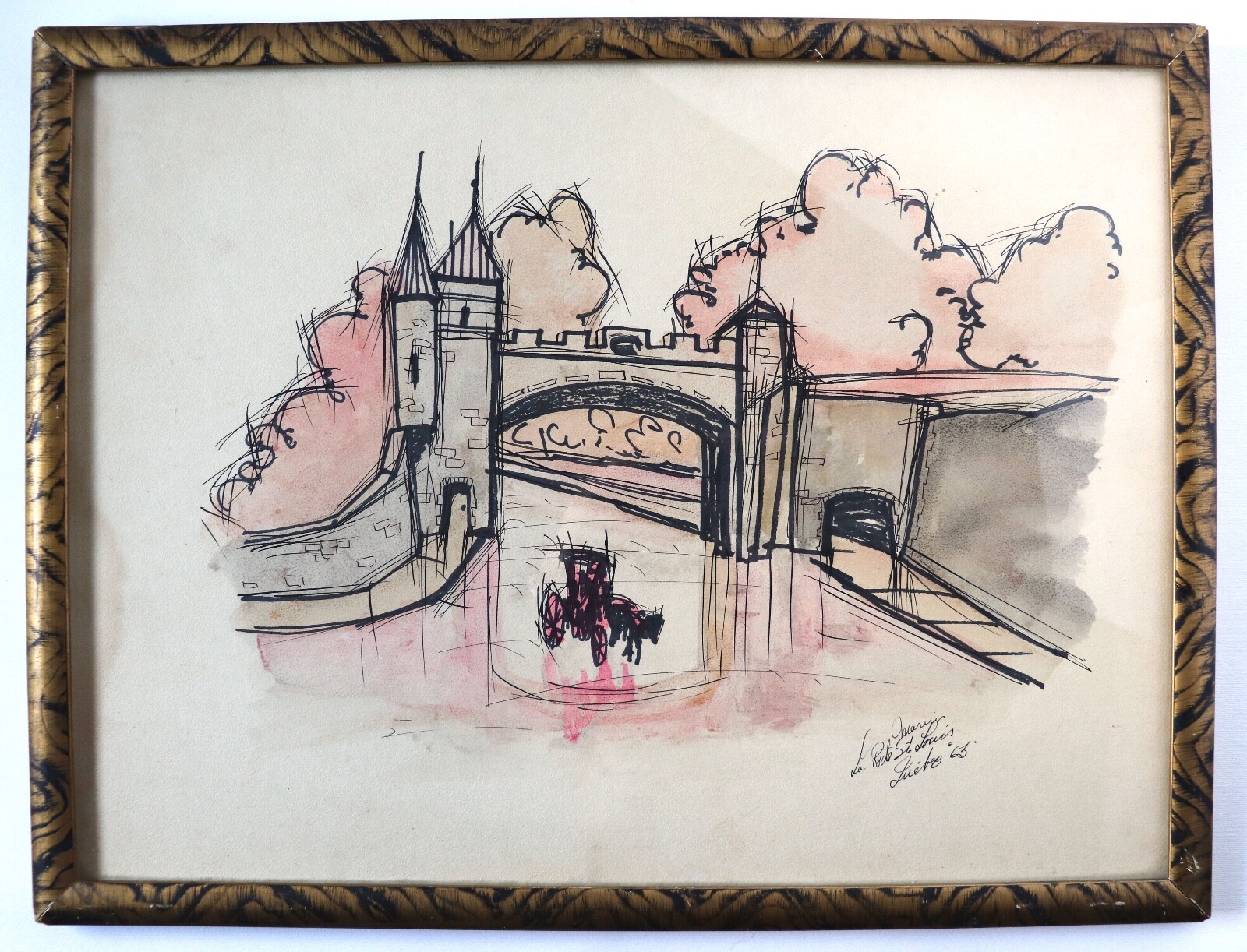 Vintage Mid Century Modern Ink & Watercolor Painting La Porte St. Louis – Signed