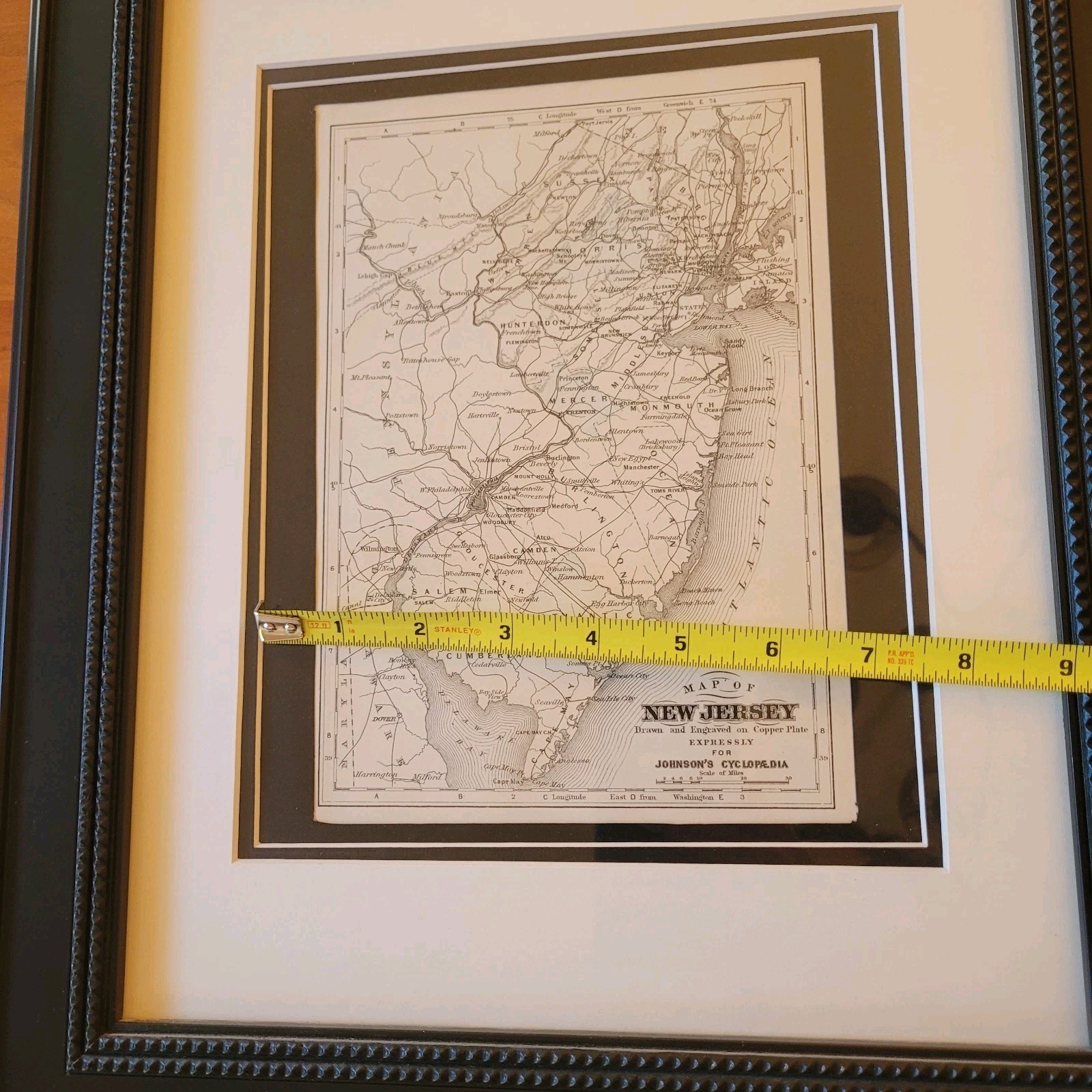 Framed 1896 Antique AJ Johnson Cyclopedia Hand Colored Map of New Jersey State