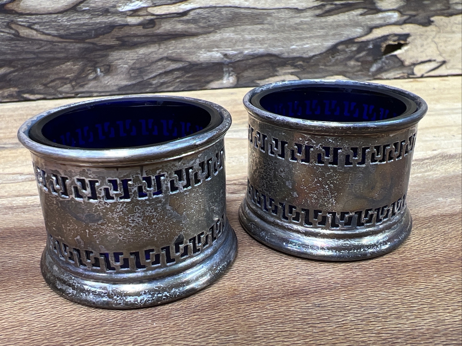 1925 Barker Bros Ltd STERLING SILVER 925 Salt Cellars W/COBALT GLASS Hallmark