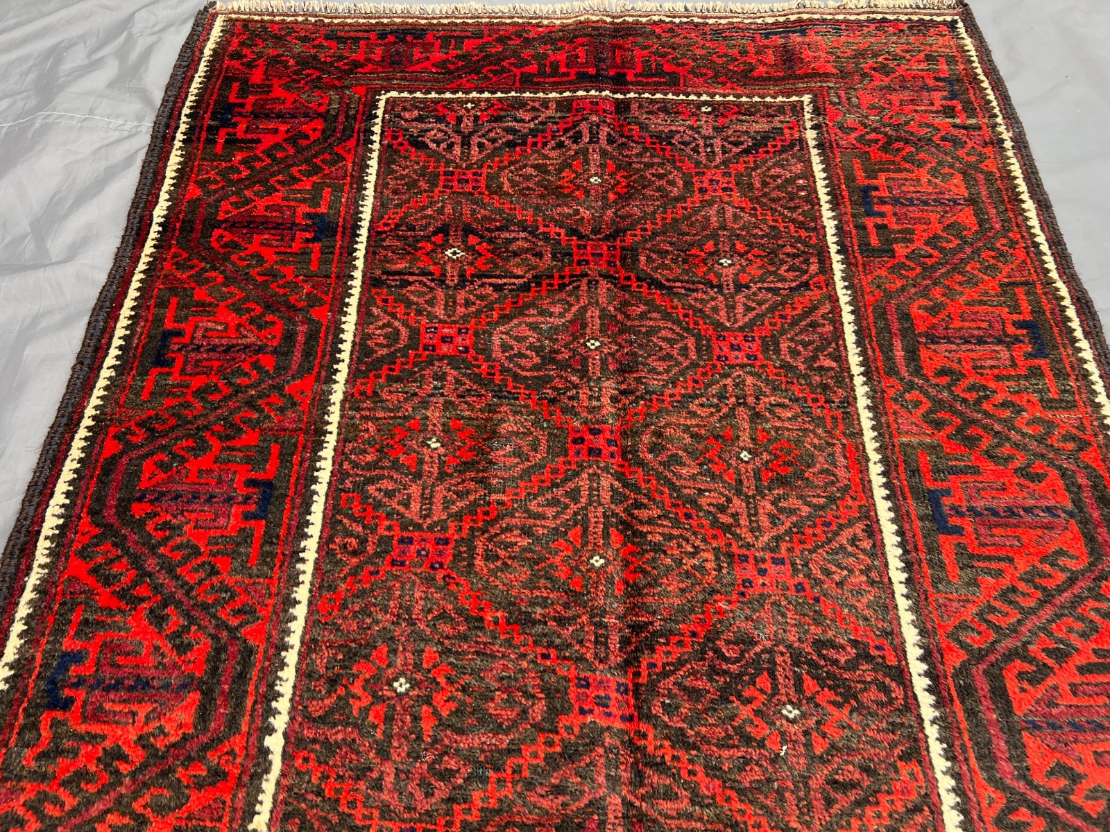 3’5×6’4 ft Vintage Afghan Baluchi Hand Knotted Wool All Over Geometric Latch Rug
