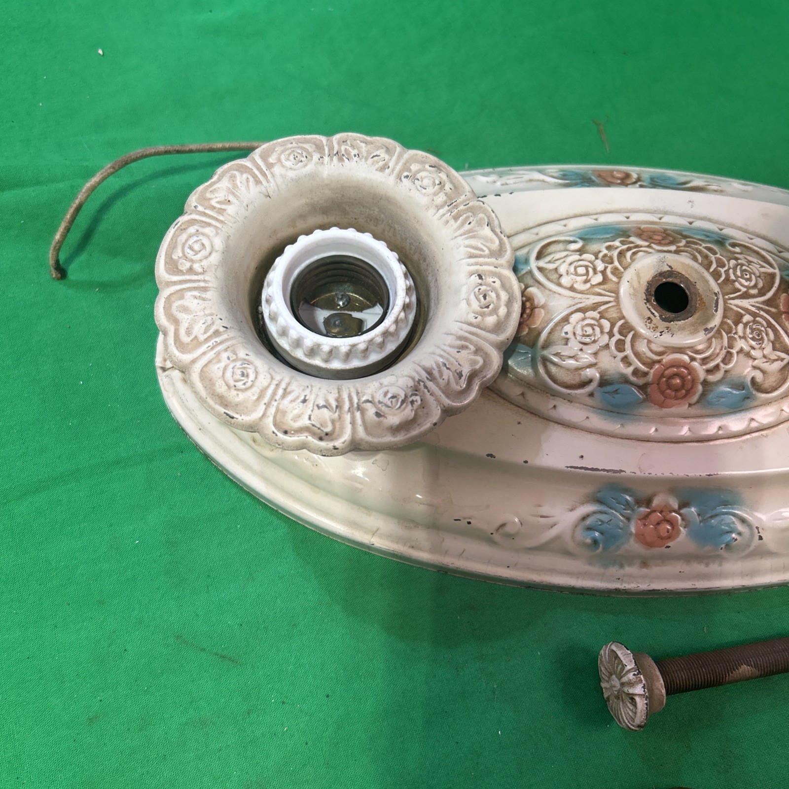 Victorian ANTIQUE LIGHT FIXTURE Pressed Metal 12×6 Ceiling 2 bulb Art Deco ￼