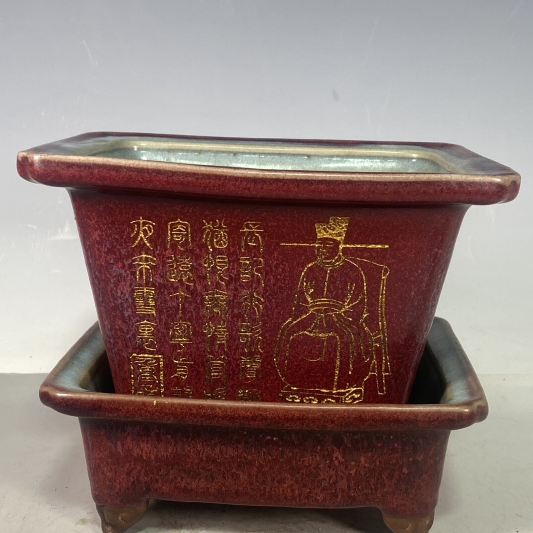 8.4″ old antique song dynasty huizong mark jun Porcelain square gilt flowerpot