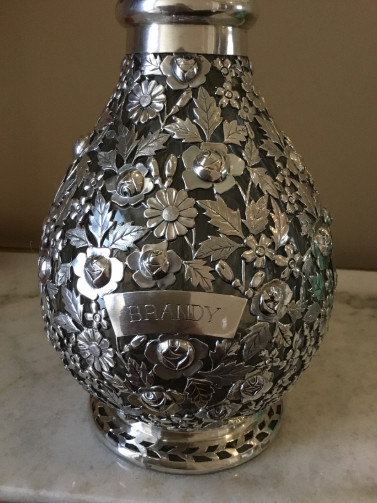 Sterling Silver Repouse Heavy Overlay Antique Four-chamber Decanter