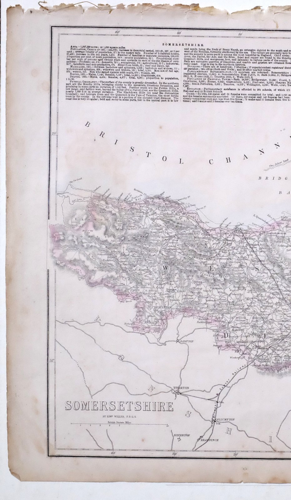 1864 LARGE ANTIQUE MAP ~ SOMERSETSHIRE BRISTOL BATH BRIDGEWATER YEOVIL
