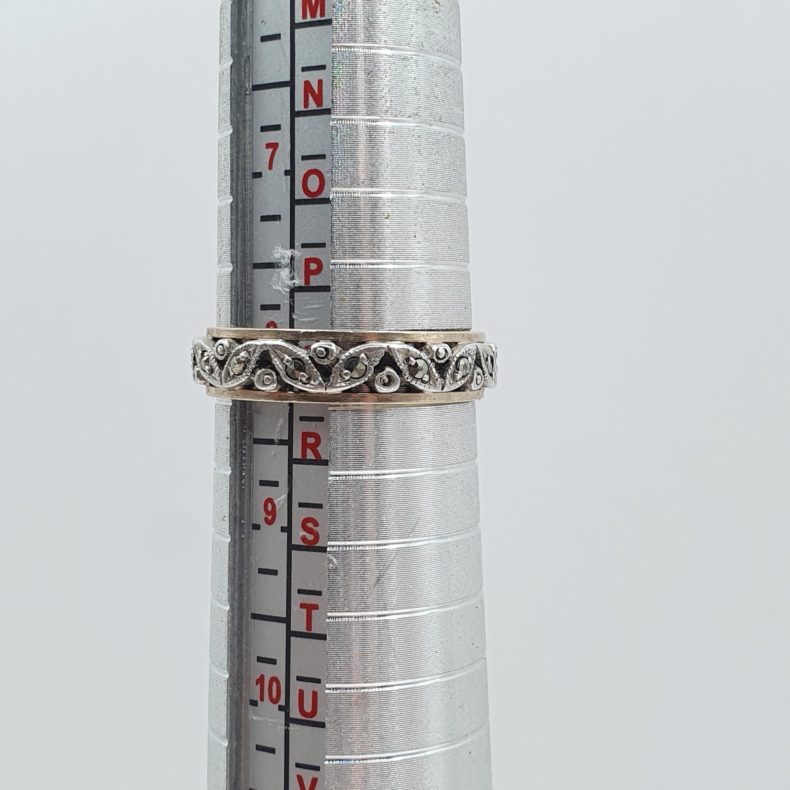 Antique 9ct Gold & Solid Silver Marcasite Eternity Ring Art Deco Leaf Style