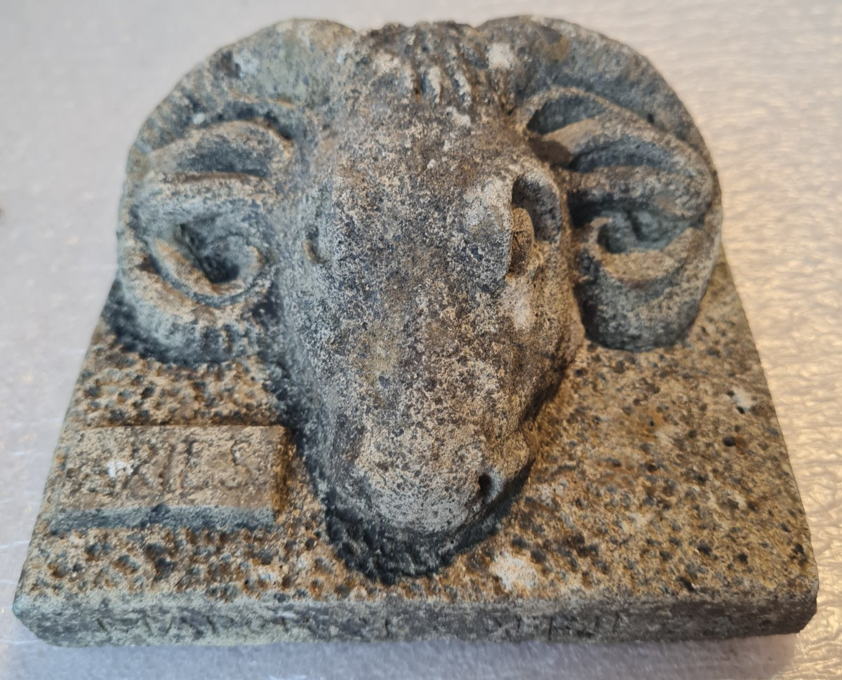 Weathered Aries Ram’s Head Astrology Sculpture Plaque / Tile, Concrete, Irish