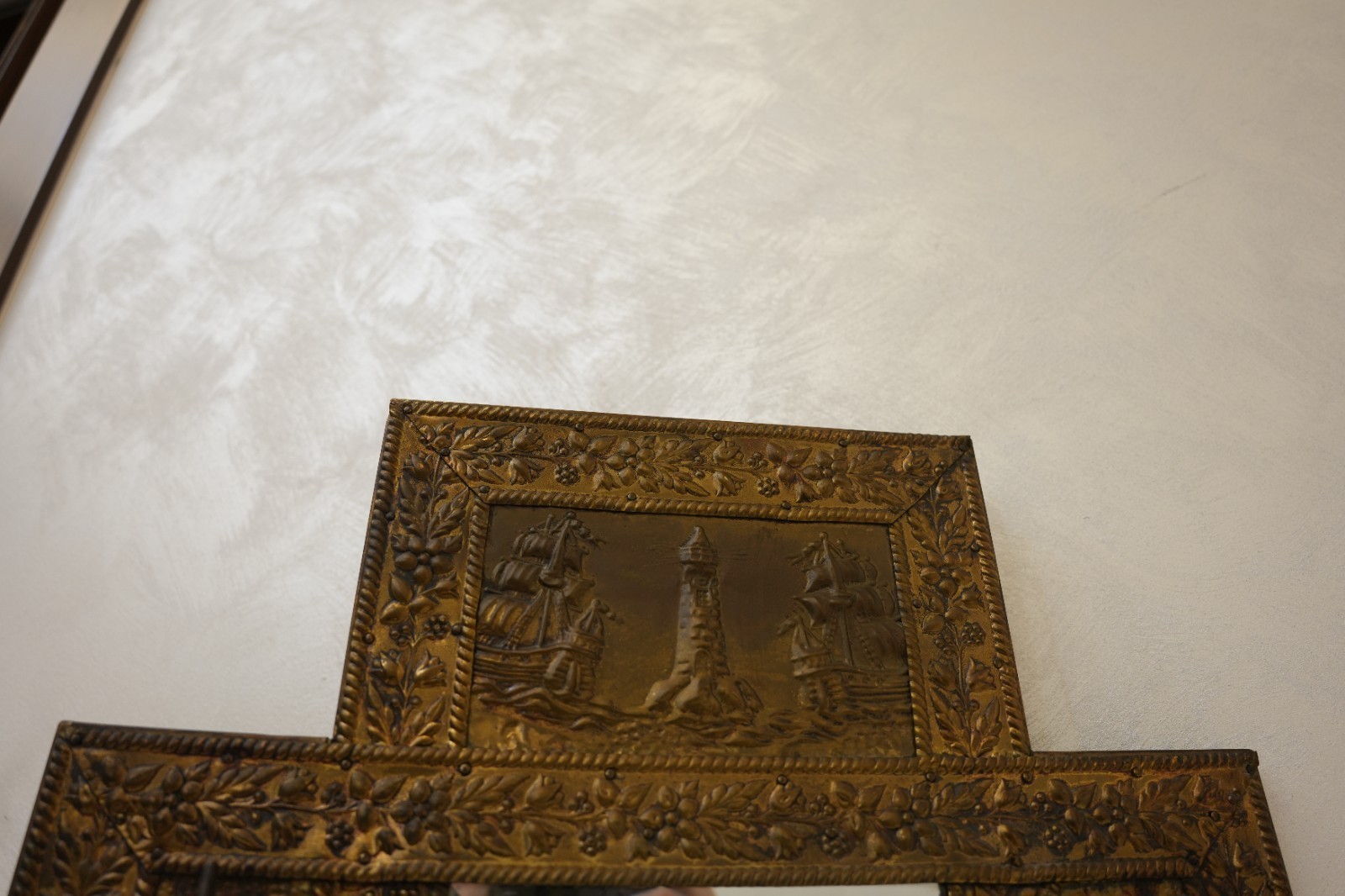 Antique Nautical Embossed Brass Mirror – Lighthouse & Tall Ships – Late 1800s