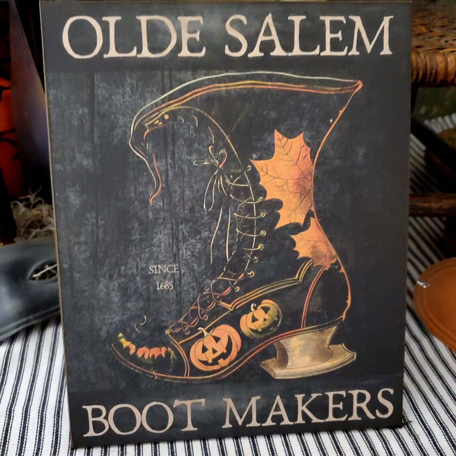 OLDE SALEM BOOT MAKERS FOLK ART HALLOWEEN COLONIAL PRIMITIVE VINTAGE STYLE SIGN