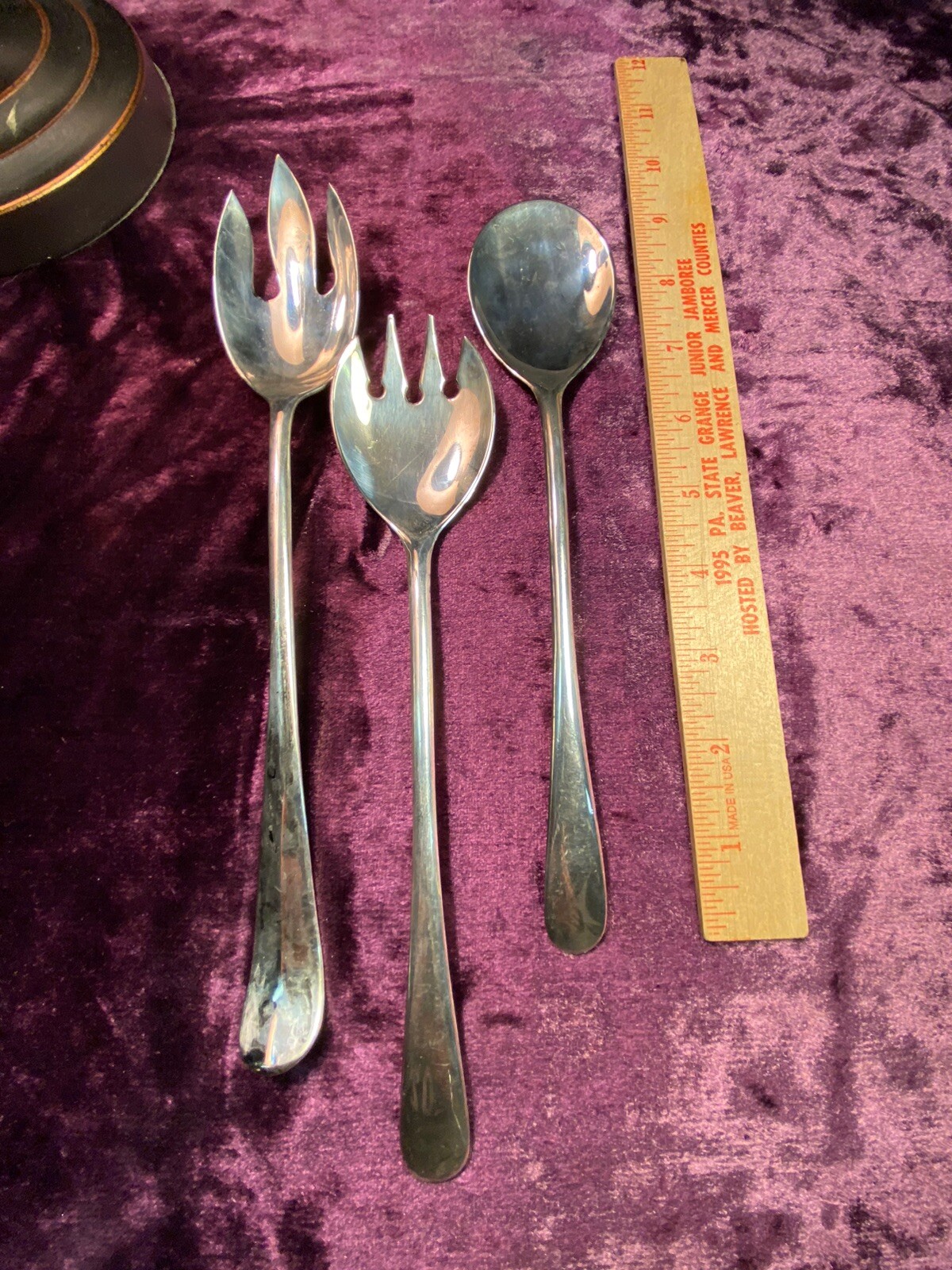 Set Of 3 Silver Plate Long Handled 10” Italy Saladspoonsforks F34