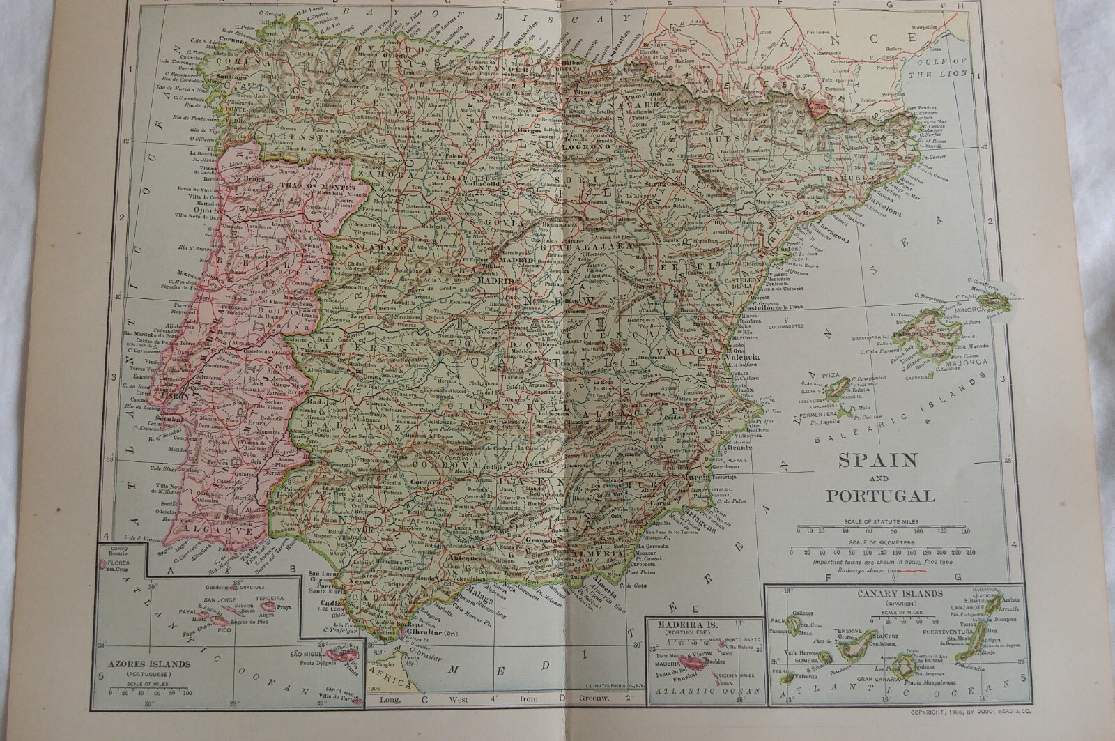 Antique SPAIN AND PORTUGAL Map Original Print ©1906 by Dodd Mead & Co 12¼”x 9¾”