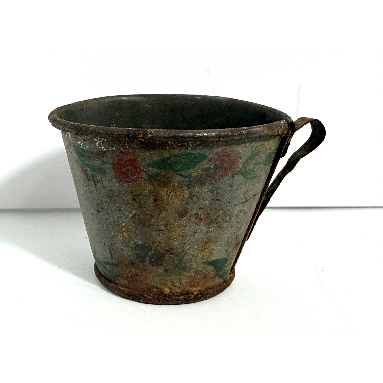 Antique Primitive Tin Cup Hand Painted Floral Rose Rusted Metal Pail