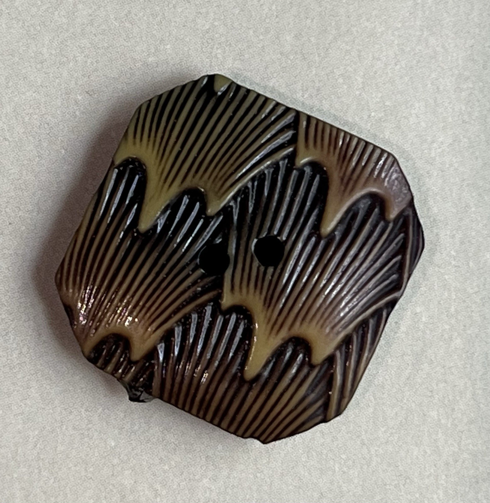 Antique Art Deco Carved Plastic Button Brown Tan Fan Design 7/8”