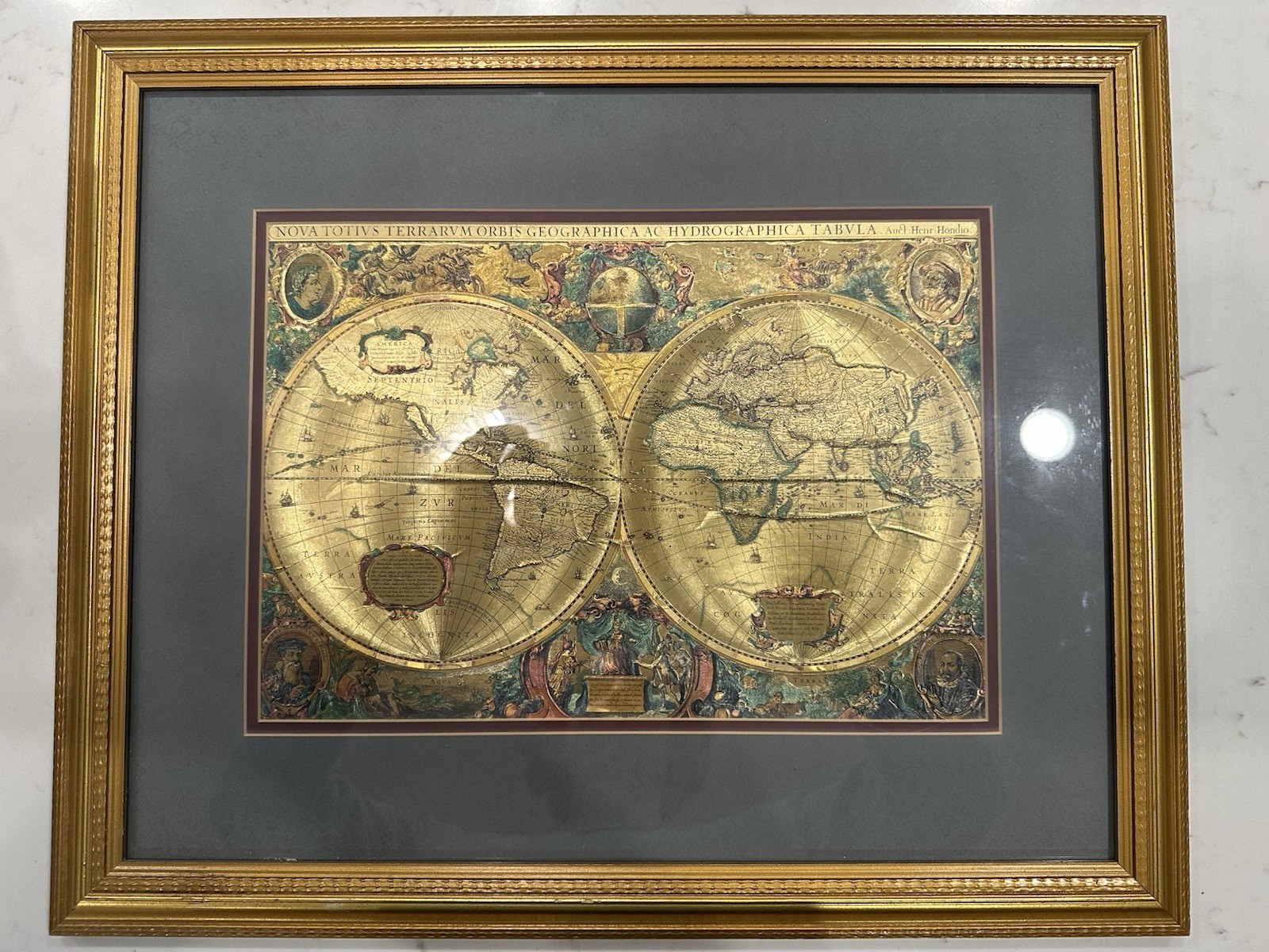 Vintage Gold Foil Framed World Map Nova Totivs Terrarvm Orbis Geographica Tabvla