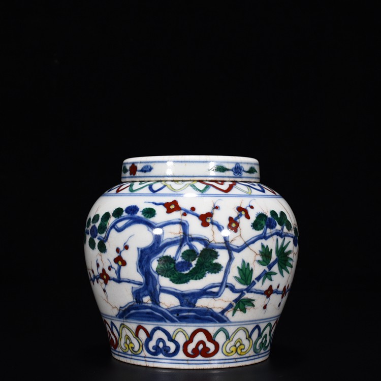 5.1″ China Old Ming Chenghua Mark Porcelain Doucai Pine Bamboo Plum Blossom Pot