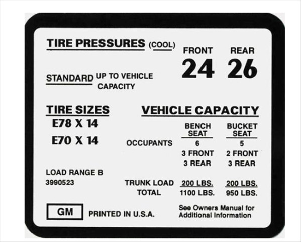 1971-1972 Nova SS Tire Pressure Decal. 3990523