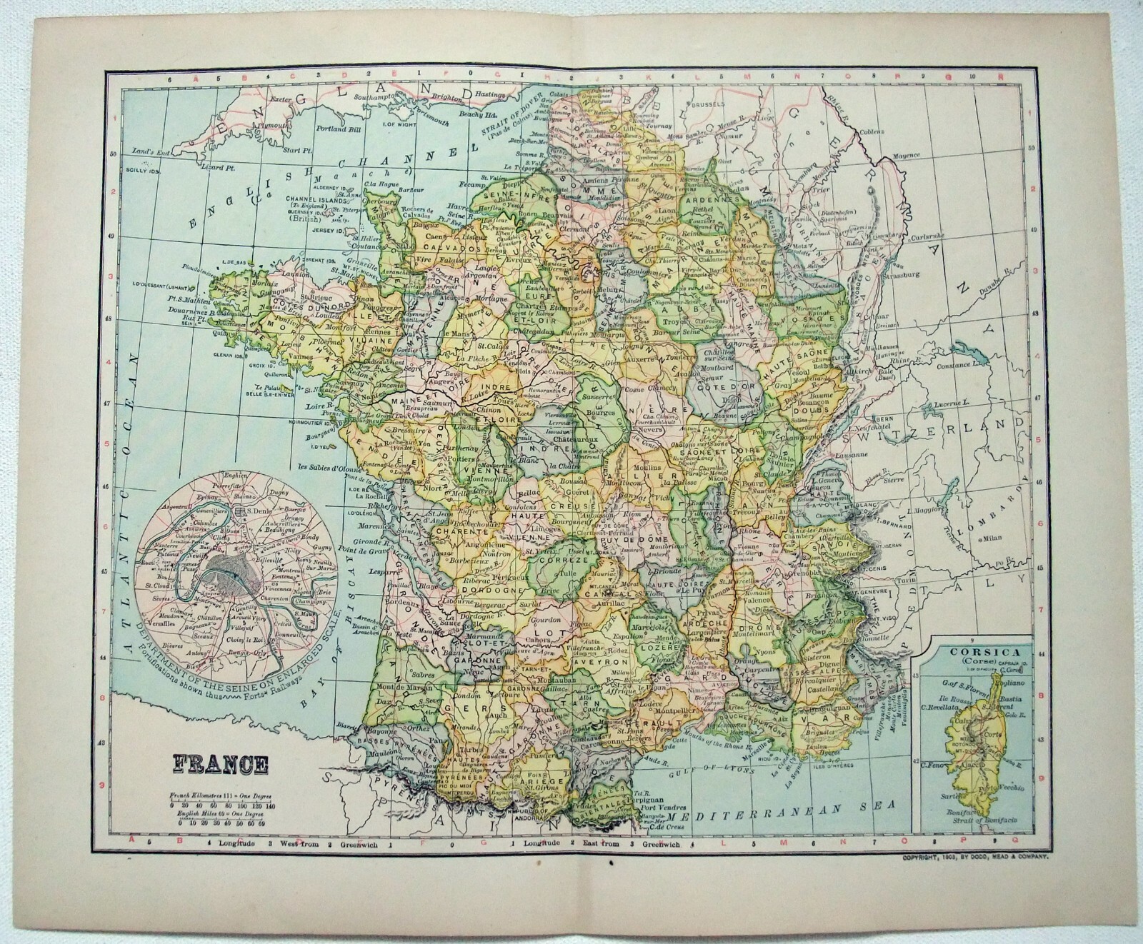 France – Original 1903 Dated Map by Dodd Mead & Company. Antique