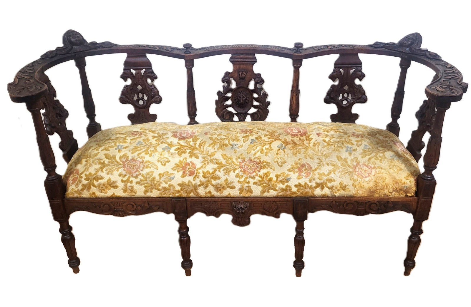 Antique ITALIAN Renaissance Revival SETTEE Carved WALNUT “Cherub” LOVESEAT Sofa