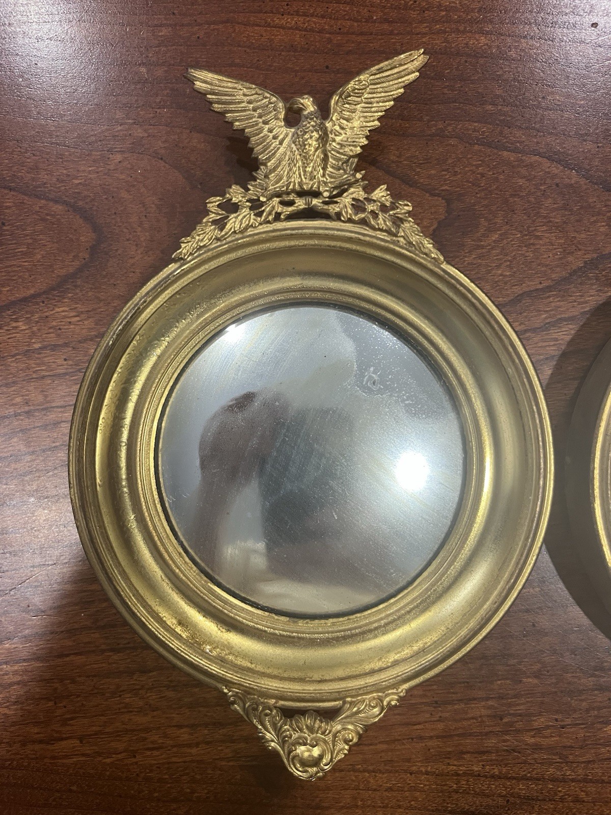 Vintage Pair of Small Gilt Brass American Eagle Crest Convex Mirrors