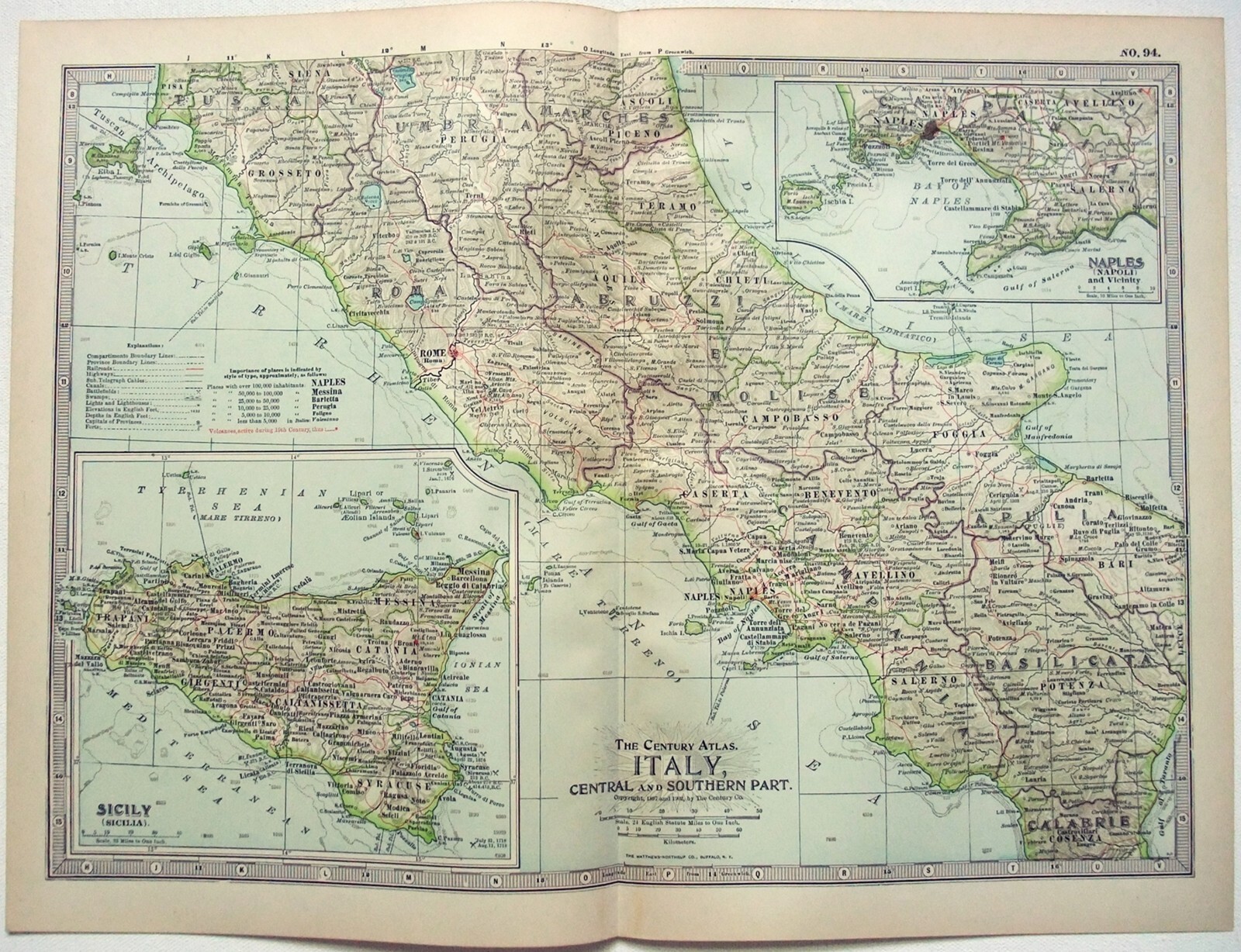 Central & Southern Italy – Original 1902 Map by The Century Company. Antique